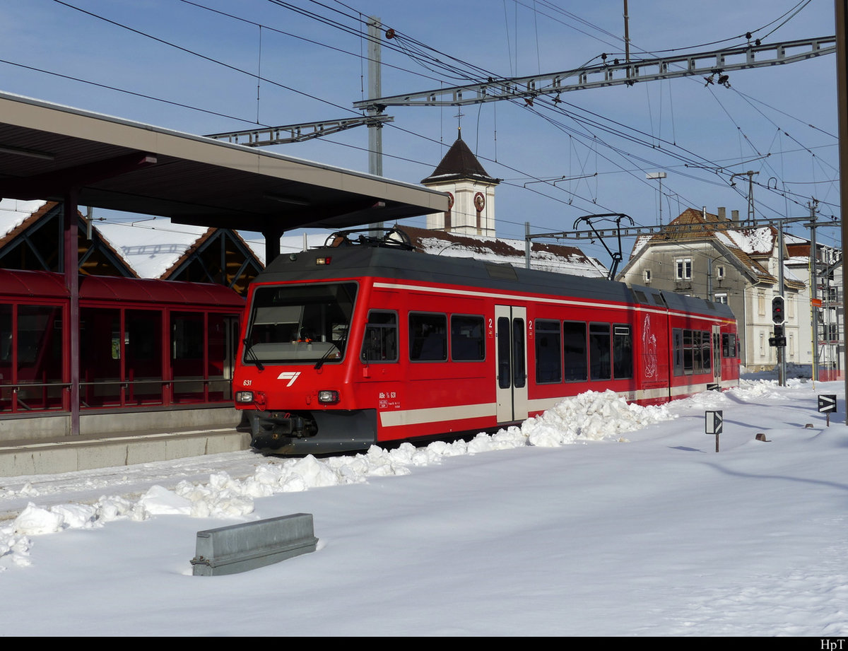 CJ - Triebwagen ABe 2/6  631 im Bahnhof von Saignelégier am 20.01.2021