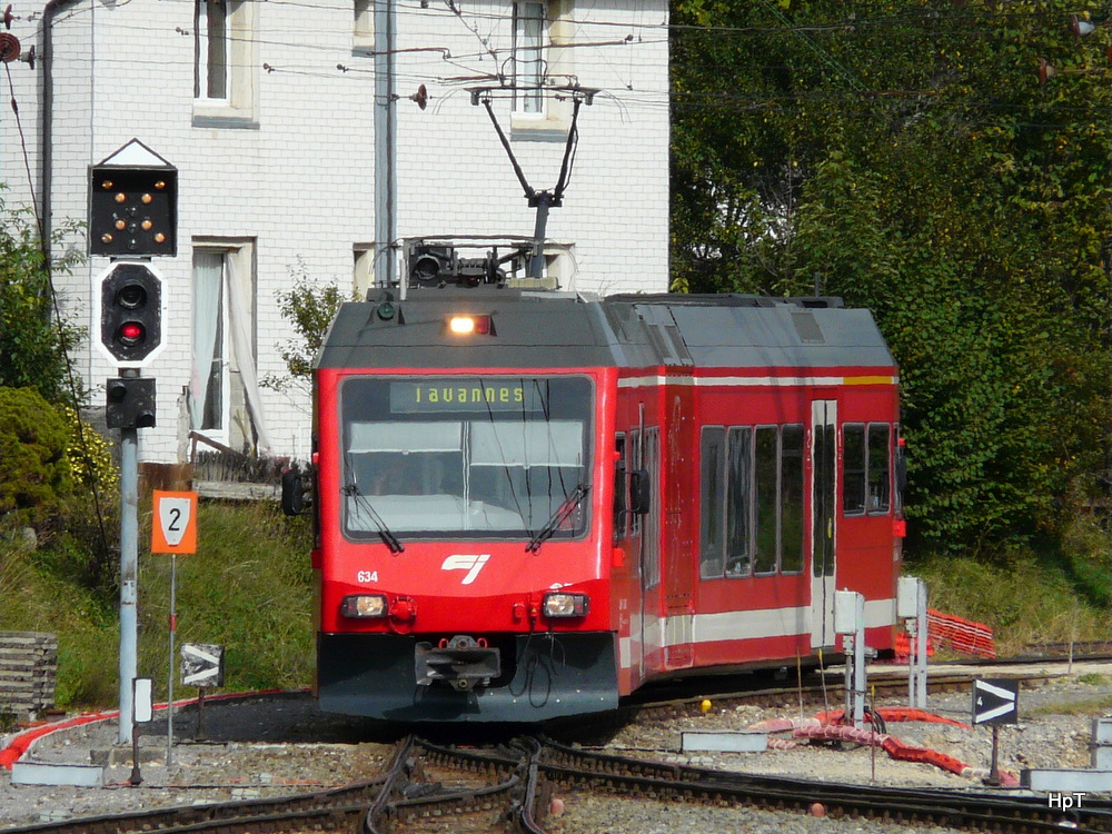 CJ - Triebwagen ABe 2/6  634 bei der einfahrt im Bahnhof Le Norimont am 28.09.2013