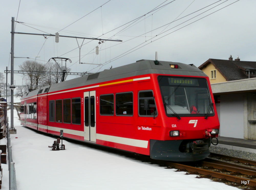 CJ - Triebwagen ABe 2/6 634 in  Le Reusilles am 02.03.2014