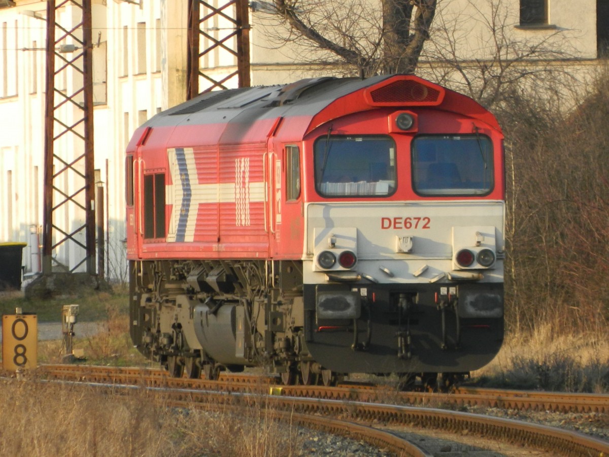 Class 66 der HGK, DE672 am 27.02.2016 in Großkorbetha abgestellt.