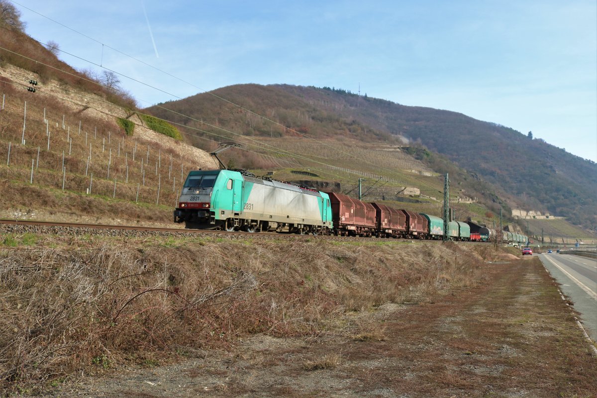 COBRA 186 223-4 mit einen gemischten Güterzug am 23.02.19 auf der Rechten Rheinstrecke zwischen Assmanshausen und Lorch 