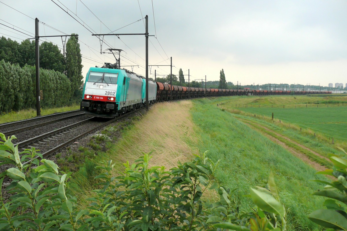 Cobra-Lok 2802 mit 2840 und einem endlos scheinenden Kohlenzug am Haken rollt über die Schleife bei Ekeren Richtung Antwerpen-Noord. Aufgenommen am 12/08/2009.
