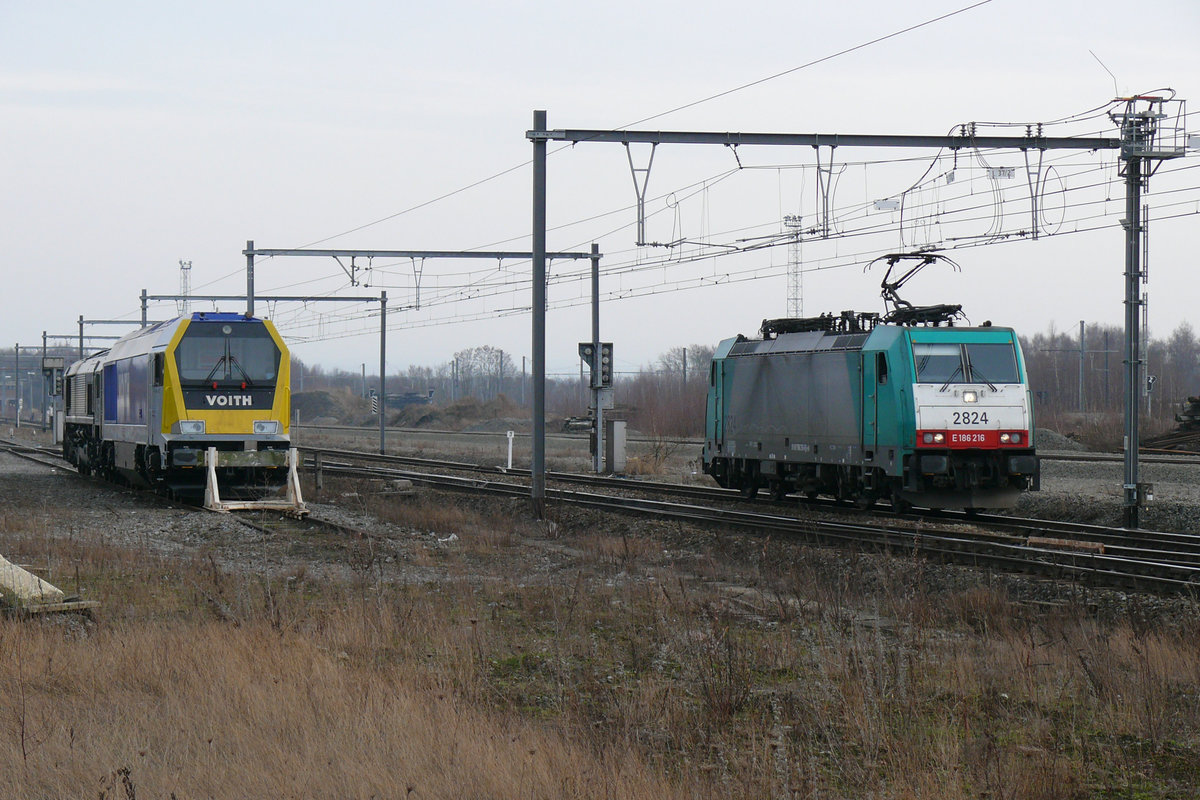 Cobra-Lok 2824 rollt solo durch den Bahnhof Montzen Richtung Visé. Links auf dem Abstellgleis parkt die Voith Maxima 40CC 264 013-4, die seinerzeit während einiger Wochen für Crossrail im Einsatz war. Aufnahme vom 23/01/2010.