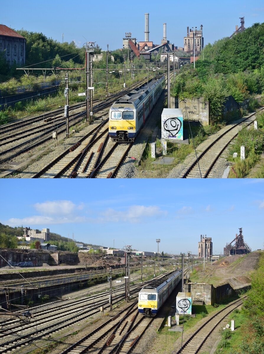 Cockerill Sambre verschwindet. Von der Brücke Rue du Port hatte man einst einen tollen Ausblick auf das Stahlwerk und das Betriebsgeschehen. Über weite Teile erstreckten sich die Anlagen von Cockerill Sambre entlang der Maas. 2011 wurde das Stahlwerk geschlossen und stand viele Jahre leer. Am 4.9.2021 hat Triebzug 304 sobeben das Stahlwerk unterquert auf seinen Weg nach Liège Guillemins. Unten etwa 4,5 Jahre später sieht es dort bereits ganz anders aus. Das Stahlwerk ist nahezuvollständig verschwunden. 

Lüttich 07.04.2026