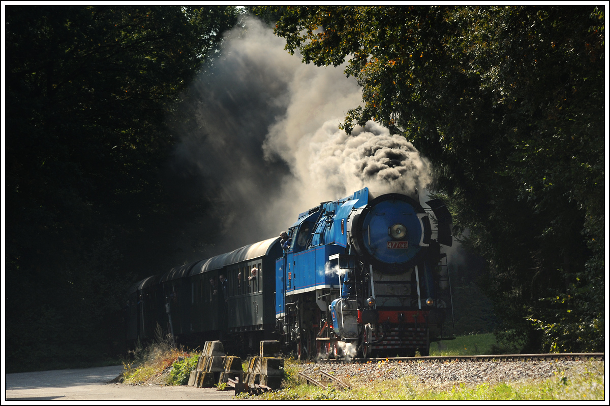 CSD 477 043 mit unserem GEG Fotozug Z 19052 von Ried im Innkreis ber den Hausruck nach Ampflwang am 28.9.2013 beim Sgewerk kurz nach Timelkam aufgenommen.