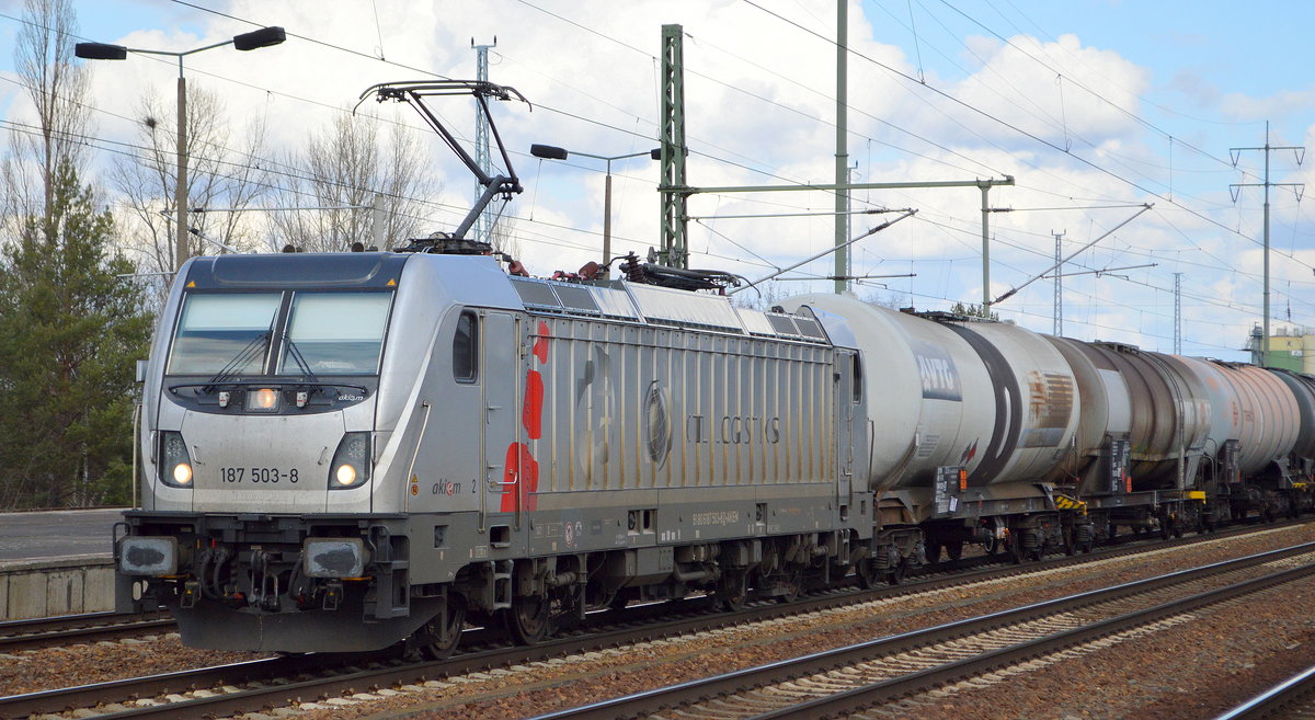 CTL Logistics GmbH, Berlin [D] mit der Akiem Lok  187 503-8   [NVR-Nummer: 91 80 6187 503-8 D-AKIEM] und Kesselwagenzug am 05.03.20 Durchfahrt Bf. Flughafen Berlin Schönefeld.