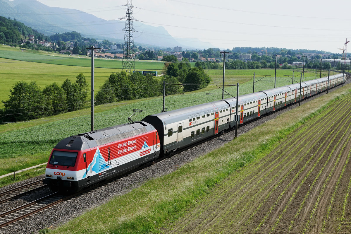 Cubfinal 2017
SBB: Mit drei Extrazügen reisten die Fussballfans aus Basel und Umgebung an den Cubfinal nach Genf.
Der FC Sion unterliegt dem FC Basel in Genf 0:3 und verliert erstmals einen Cupfinal.
Fanzug 202 mit Re 460 065-6 bei Pieteren am 25. Mai 2017.
Foto: Walter Ruetsch