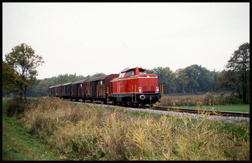 D 20 der Bentheimer Eisenbahn ist hier am 31.10.1992 mit einem Güterzug bei Dahme in Richtung Bad Bentheim unterwegs.
