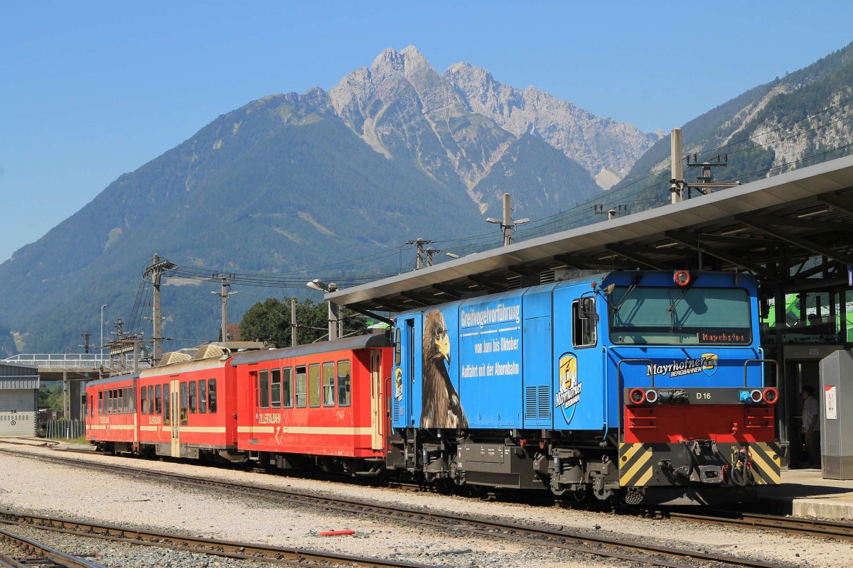 D16 der Zillertaler Verkehrsbetriebe AG mit R 137 Jenbach-Mayrhofen auf Jenbach Zillertalbahn am 2-8-2013.