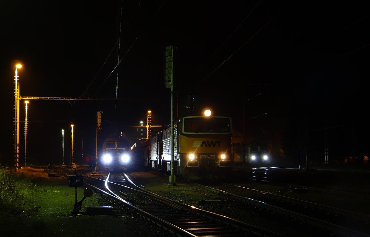 Da vom 06.-13.11.16 im Elbtal die Strecke gesperrt war. Fuhren auch einige Züge ab Ústí nad Labem Richtung Cheb. Wenn dort der Bahnhof voll war, wurden die Züge in Tršnice abgestellt. Hier 753 703-8 mit 753 710-3 und links und rechts je eine 363 am 11.11.16 in Tršnice.