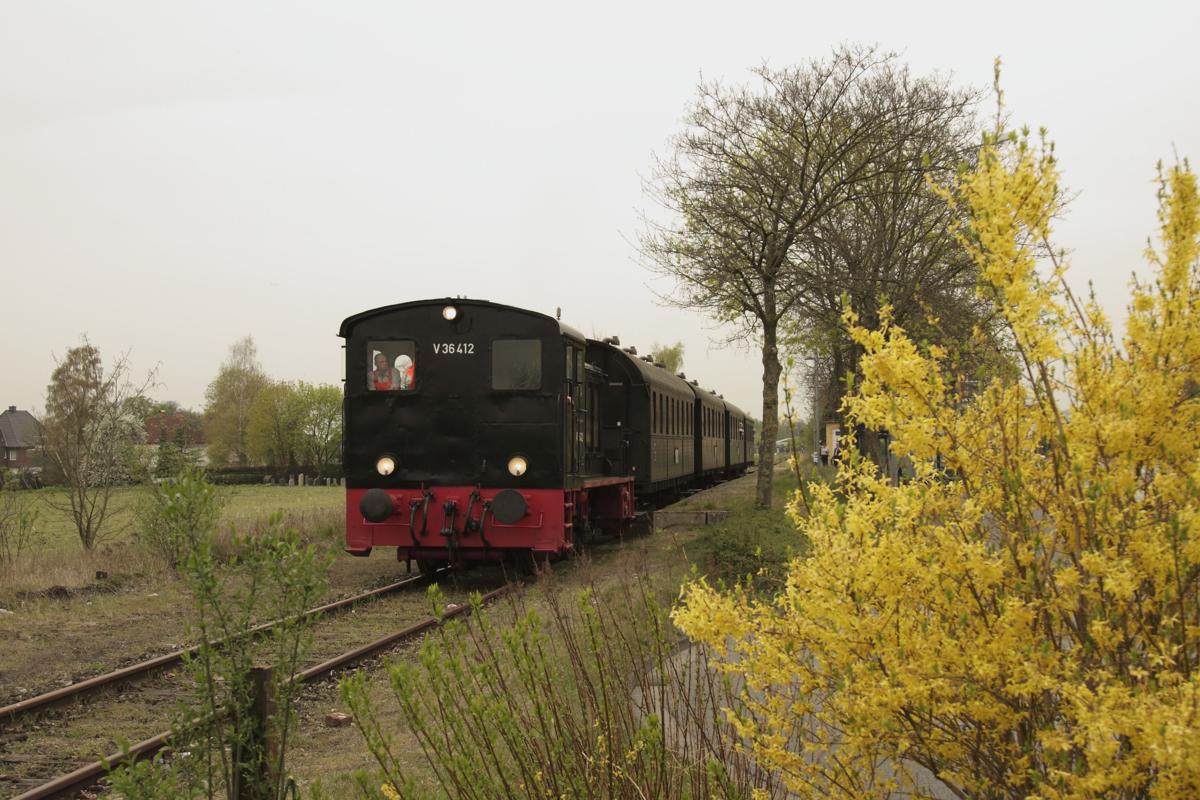 Da fehlen eigentlich nur noch die Osterhasen und das passende Osterambiente ist komplett! - V 36412 war am 4.4.2014 mit einem Sonderzug nach Georgsmarienhütte unterwegs und befuhr anfangs auch ein Teilstück der Teutoburger Wald Eisenbahn. Hier wartet der Zug gerade auf Fahrgäste am Lengericher Bahnhof.