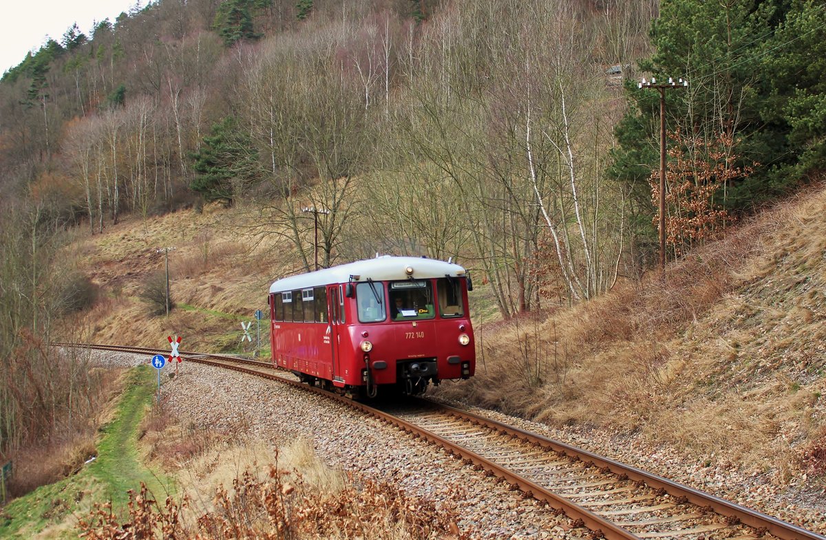 Da sich der 641 020 bei der HU befindet, fährt 772 140 zur Zeit zwischen Rottenbach und Katzhütte im Planverkehr. Hier zu sehen am 19.02.18 in Sitzendorf.