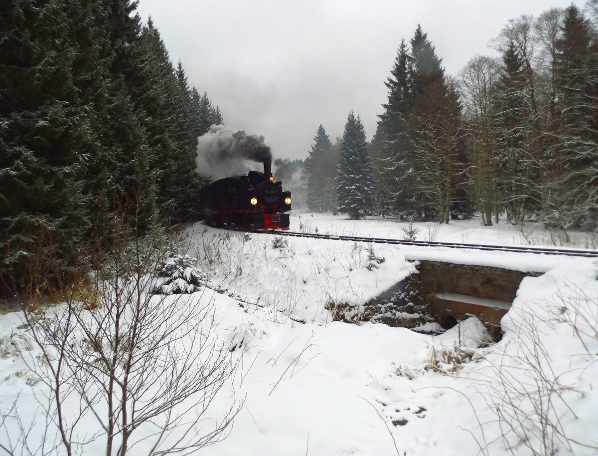 Da wir auf diesem Abschnitt nur in Elend einen Zug kreuzen und in Benneckenstein wenden und kreuzen mussten, aber sonst einiges an Zeit zur Verfügung hatten, wurden etliche Fotohalte eingelegt,natürlich sehr zur Freude der Gäste, obwohl, wie man hier sieht, das Licht um 15:45 schon nicht mehr so optimal war.
Unser Zug überquert zu dieser Zeit kurz vor der ehemaligen Ladestelle Allerbach auf dem Weg nach Benneckenstein einen kleinen Zufluss zum Großen Allerbach.   