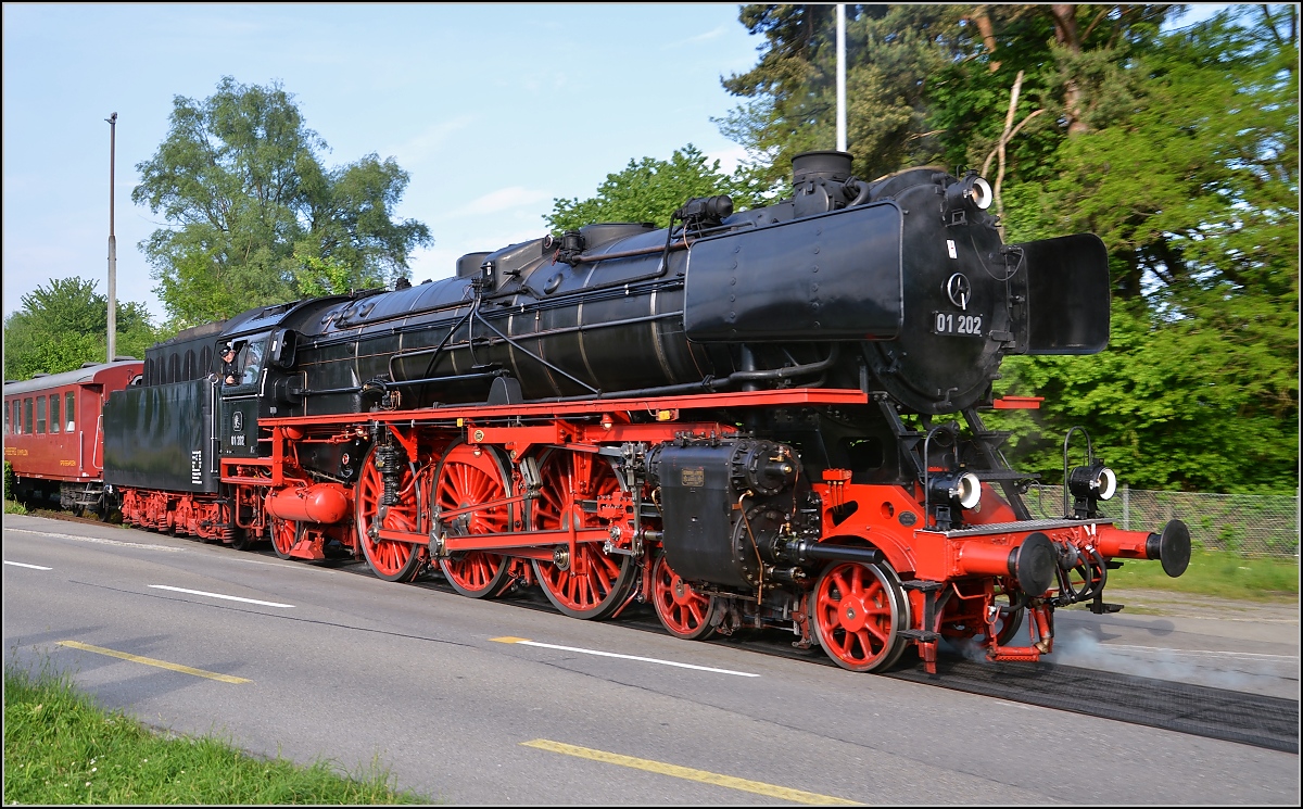 Dampf an den Bodensee des Verein Pacific 01 202. Hier überquert die Schöne die Strasse nach Deutschland und bringt ihren Wagenpark in die Abstellung. Romanshorn, Mai 2015.