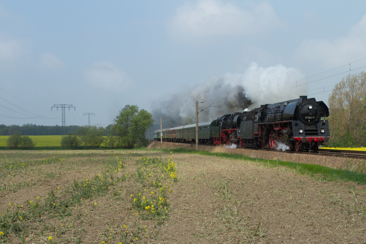 Dampflok 01 1533 + 23 1097 mit ein Sonderzug der Dresdner Dampfloktreffen von Riesa nach Dresden und passiert bei Priestewitz, 12 April 2014.