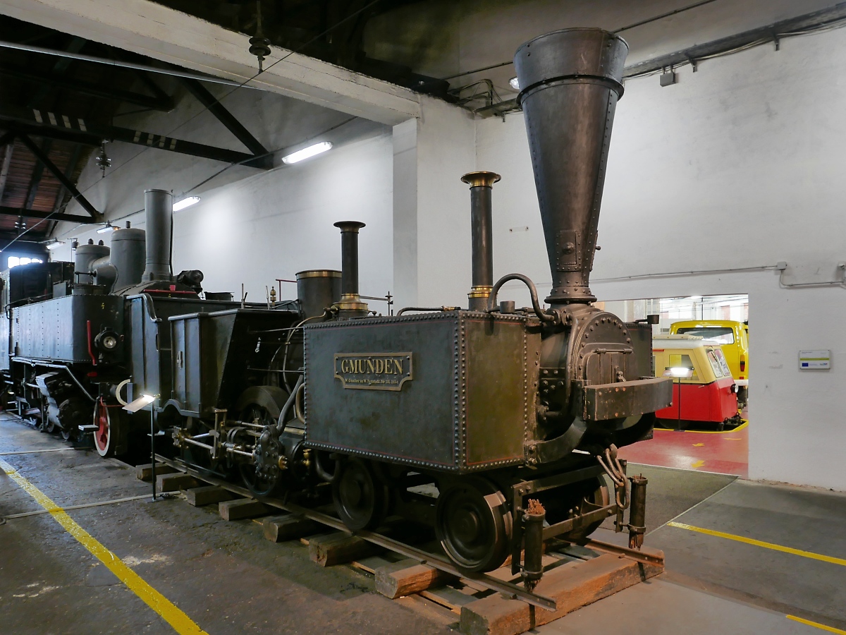 Dampflok GMUNDEN der ehemaligen Schmalspur-Strecke Linz-Lambach-Gmunden, gebaut 1854, im Rundlokschuppen des Südbahnmuseums am Bahnhof Mürzzuschlag, 07.07.2019