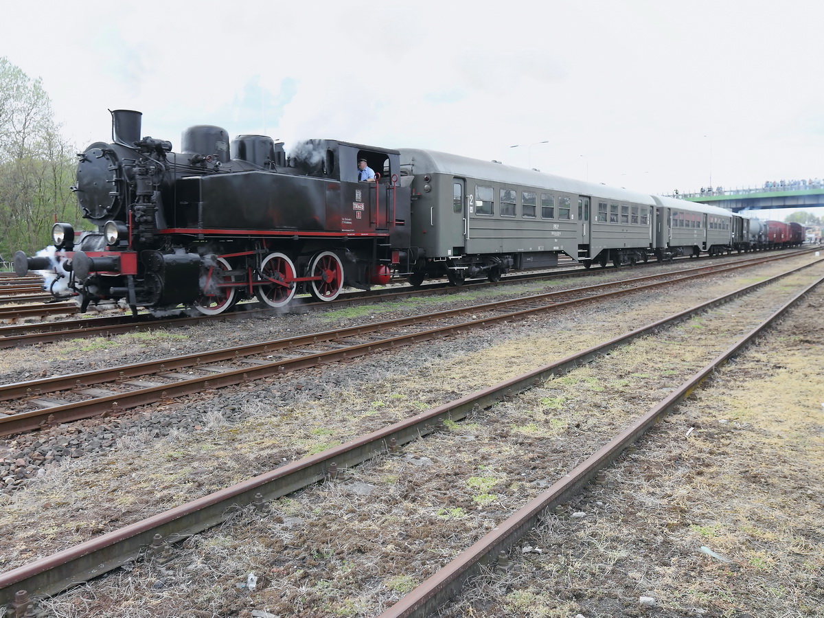 Dampflokparade in Wolsztyn, Tkh49 1 zieht Zug mit  historischen Wagen am 02. Mai 2015