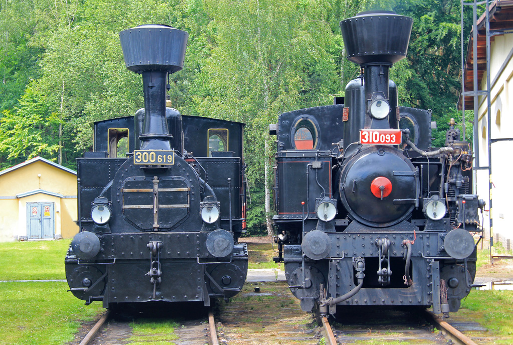 Dampfloktreffen in Luzna u Rakovnika am 20.06.2015. Diese beiden, aus österreichischen Dampflokomotivwerken stammenden, Tenderlokomotiven 300 619 und 310 093 mit dem Spitznamen  Kaffeemühle  zählen zu den ältesten ausgestellten Exponaten. 
