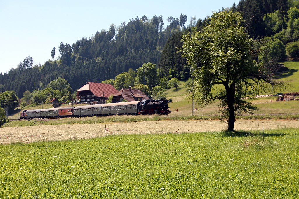 Dampfzug der EFZ mit 86 333 (WTB) und einer V100 der NeSa bei Gutach (06.04.2015)
