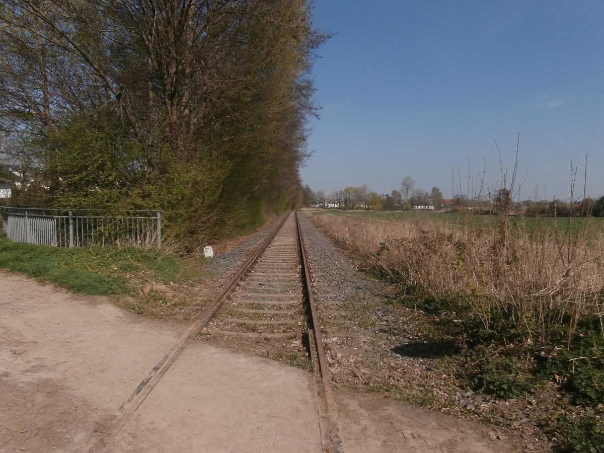 Das Anschlussgleis zum Umspannwerk bei Brauweiler am 29.03.2014 in Pulheim. Die Art wie das Gleis auf die Hauptstrecke führt ist ungewöhnlich da die Züge hier immer Rückwärts nach Brauweiler fahren durch die besondere Bauweise.
(siehe Pulheim Kornblumenweg Südlich)