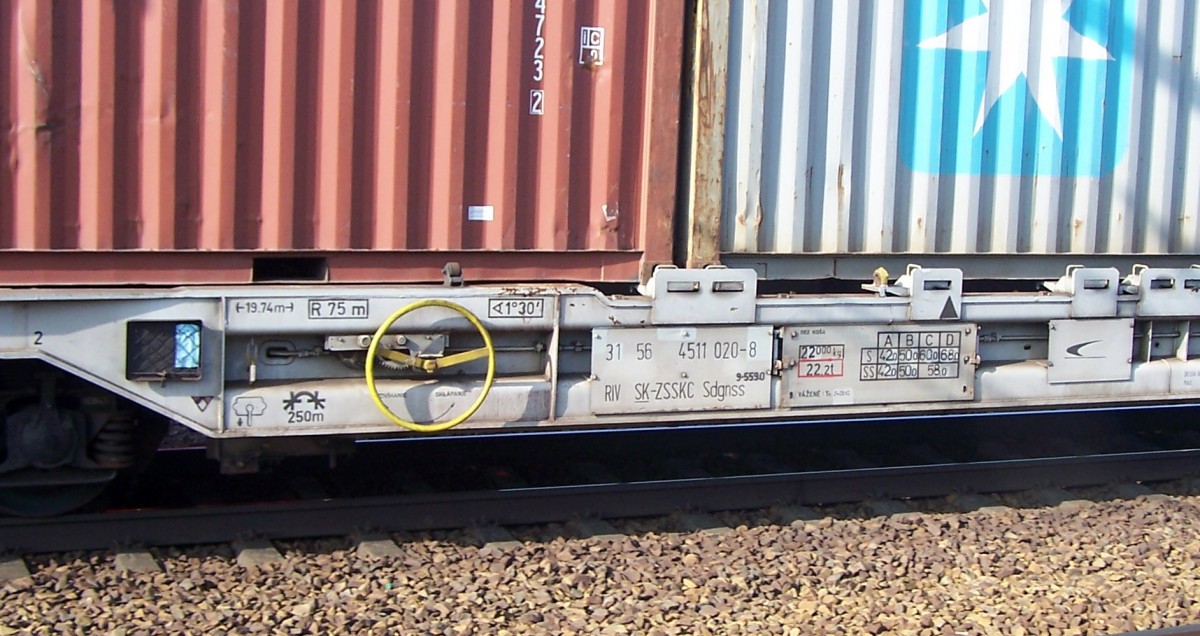 Das Anschriftenschild des slowakischen Wagens. Aus dem Gattungszeichen , aber auch bei genauerem Hinsehen aus den Details des Wagens erkennbar, können mit dem auch Sattelauflieger befördert werden. Aufgenommen 20.2.15, Bf. Golm bei Potsdam, KBS 209 