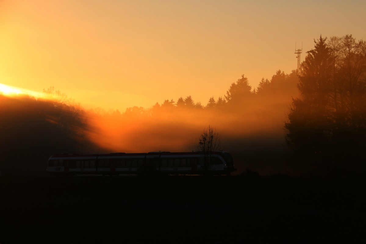 Das Einzige das derzeit an den November erinnert sind die Nebelfelder  am Morgen. Hier im Bild ein Triebwagen der Reihe 5063 auf seinem Weg nach Graz bei Dietmannsdorf. 12. 11 .2015