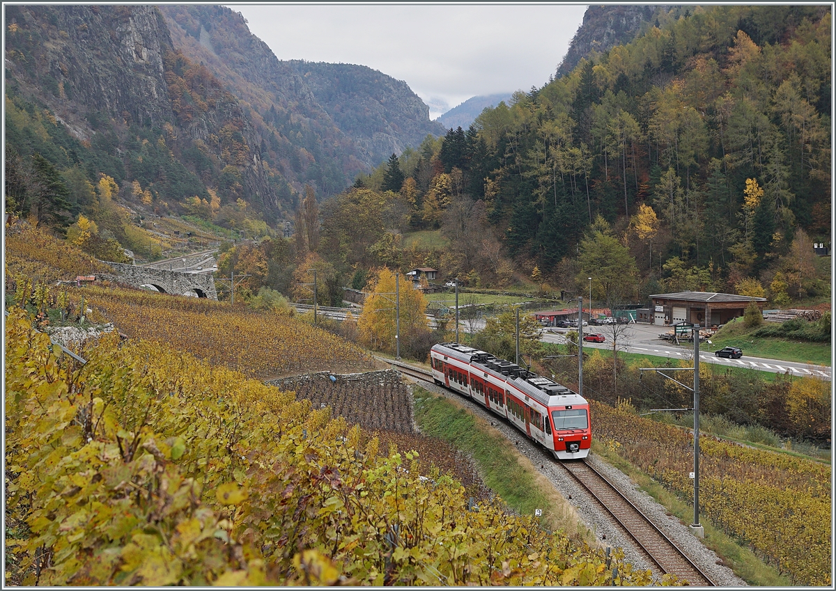 Das enge Tal weitet sich bei Bovernier etwas, so dass an den steilen Hänge sogar Wein angepflanzt werden kann. Ein TMR Region Alpes RABe 525 ist von Le Châble nach Martigny unterwegs und wird in Kürze Bovernier erreichen. 

5. November 2020