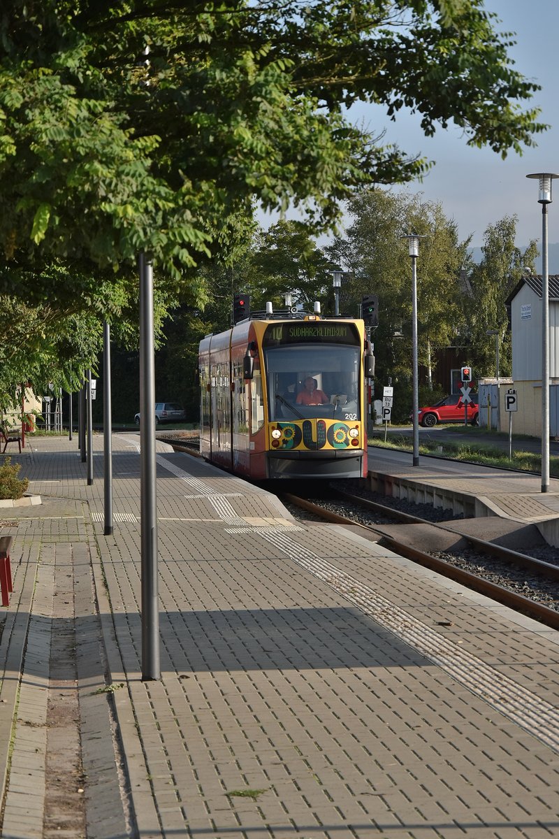 Das habe ich auch noch nicht vor die Linse bekommen, der Hybridstraßenbahnwagen der Nordhäuser Straßenbahn Wagen 202 steht in Niedersachswerfen auf Gleis 1 und wartet auf die Passage des Triebwagens der HSB 187 016-1, der nach Hasselfelde unterwegs ist. 16.9.2017