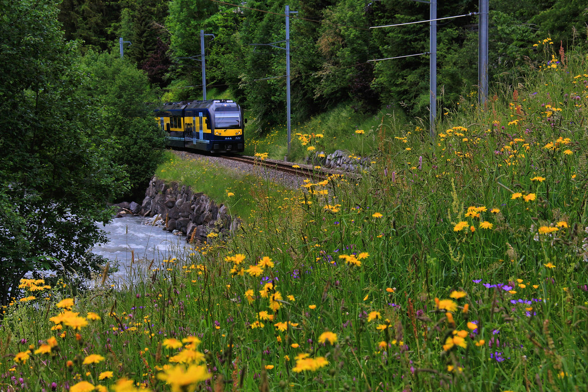 Das neue Rollmaterial der Berner Oberland Bahn: Dreiteiliger Triebwagen 321 an der Lütschine zwischen Schwendi und Grindelwald. 29.Mai 2018 