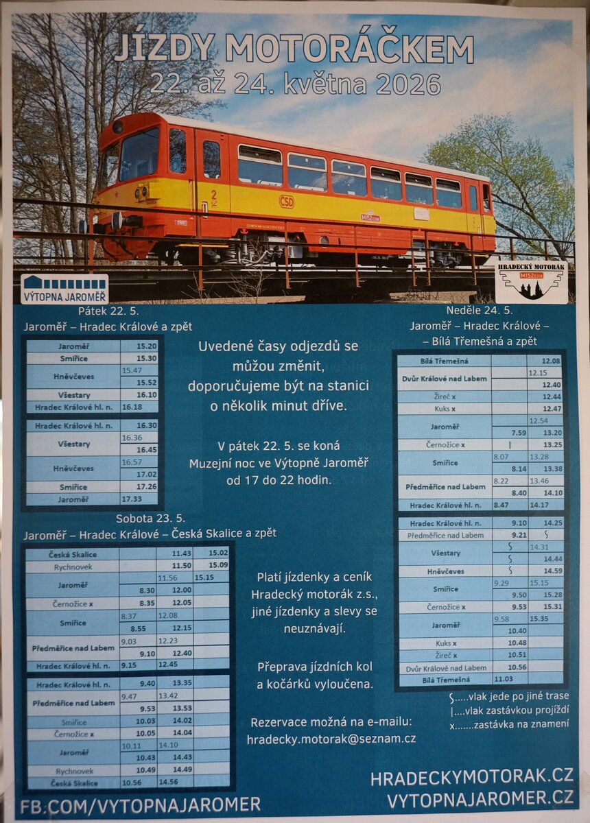 Das Plakat  f�r die Sonderfahrten des TW 
vom 22-24.05.26 , mitorganisiert vom Museum Vytopna
Hier in Jaromer aufgnommen.
