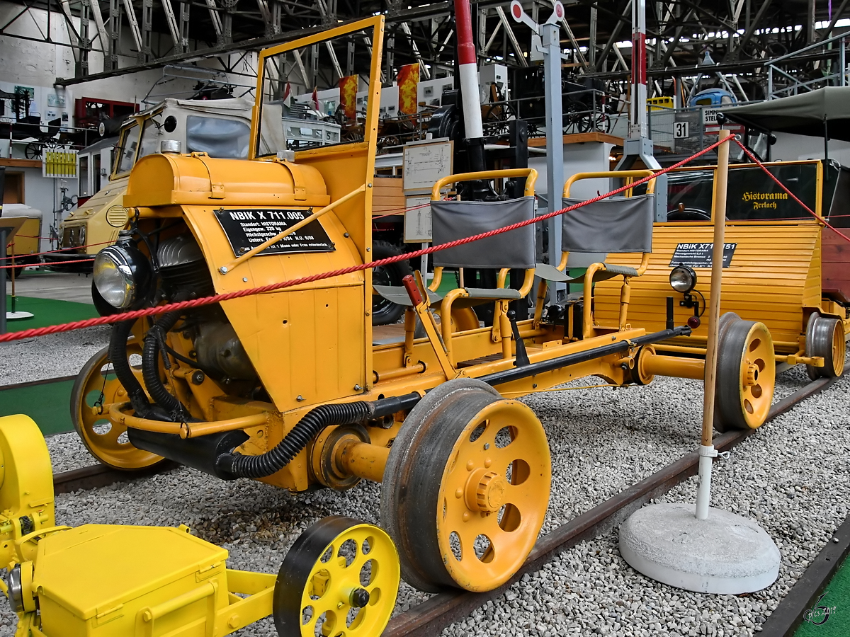 Das Puch Schienenmotorrad X 711.005 wurde 1952 gebaut und ist im Historama Ferlach ausgestellt. (September 2019)