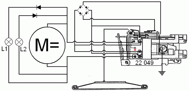 Das ist der Schaltplan, um eine 2-Schienen-DC-Lok mittels des mechanischen Umschalters 22049 von Märklin auf das Mittelleiter-AC-System umzubauen. Erstellt 15.03.2013.