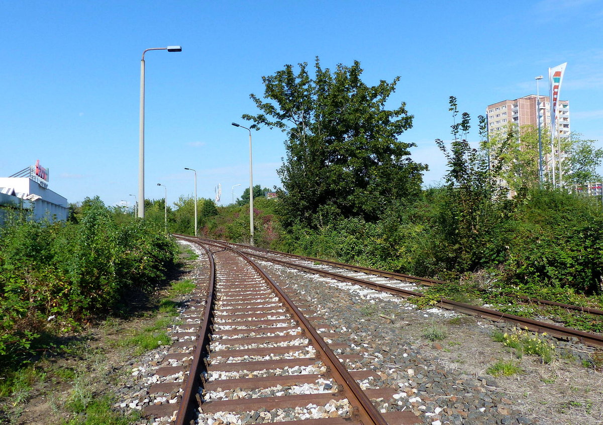 Das sehr selten befahrene Verbindungsgleis von Erfurt Nord zum Siemens Generatorenwerk, am 07.09.2020. Von einem Bahnübergang aus fotografiert.