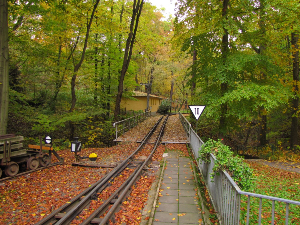 Das Streckengleis Parkeisenbahn Gera nach dem Bahnhof Wolfsgehege, am 22.10.2015.