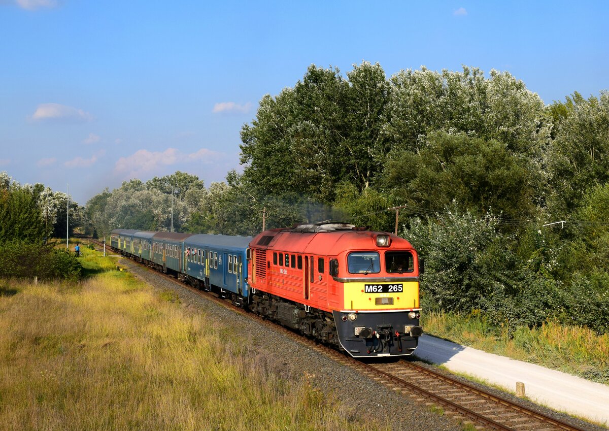 Das war retro-Wochenende auf der Strecke KBS 5 (Székesfehérvár - Komárom). Hier ist die M62 265  Sergej  mit einem Personenzug in Richtung Székesfehérvár kurz nach Hst. Szőny-Déli. 
17.09.2023.