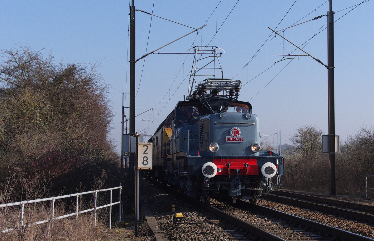Das waren noch Zeiten...als diese Gattung  Krokodile  im Plandienst auf den Gleisen in Frankreich und Luxemburg unterwegs waren.
Zwischen 1954 und 1961 wurden 148 Loks an die SNCF und 20 Loks an die CFL ausgeliefert.
Die Leistung betrug 2470 Kw (3360 PS), die Höchstgeschwindigkeit lag bei 120 Km/h.
Die Baureihe BB 12000 der SNCF war die erste Wechselstromlokomotive der SNCF für 25 KV - 50 Hz.
In Luxemburg hatte die Lok die Baureihenbezeichnung BB 3600. - ABER heute am 31.01.2014 war CFL 3608 an mehreren Planzügen zu sehen.
Das Krokodil wurde in Zusammenarbeit CFL Cargo neu aufgearbeitet und in der ursprünglichen Farbgebung lackiert.
Heute fanden Testfahrten zwischen Bettembourg und Esch sur Alzette - Usines Belval statt.
Die Lok beförderte Regelgüterzüge inklusive einer Angstlok der Baureihe 1800.
An diesem Standort kurz vor Noertzange war uns die Sonnenseite nicht vergönnt, denn einige mit Warnwesten bekleidete  Platzhirsche  hatte sich die Sonnenseite reserviert.

CFL 3608 ( 90 82 800 3608-2 L-CFL.) - Ligne 6a Bettembourg - Esch sur Alzette am 31.01.2014