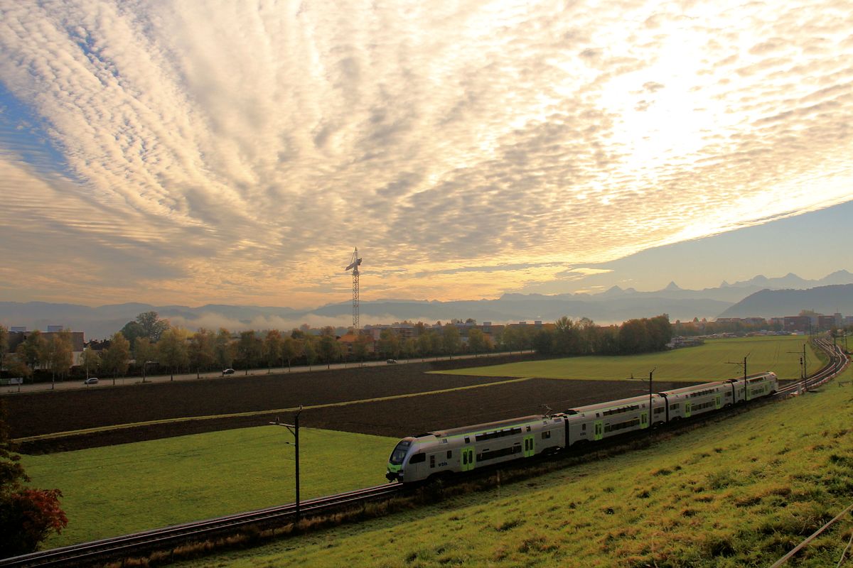 Das Wetter wird wohl nicht halten. Unbeirrt strebt der BLS-Triebzug  Mutz  Serie 515 seinem Ziel Bern entgegen. 22.Oktober 2016 