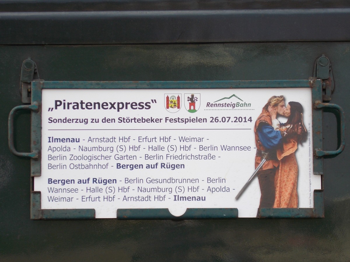 Das Zuglaufschild für den Piratenexpress von und nach Ilmenau der,am 26.Juli 2014 nach Bergen/Rügen kam.
