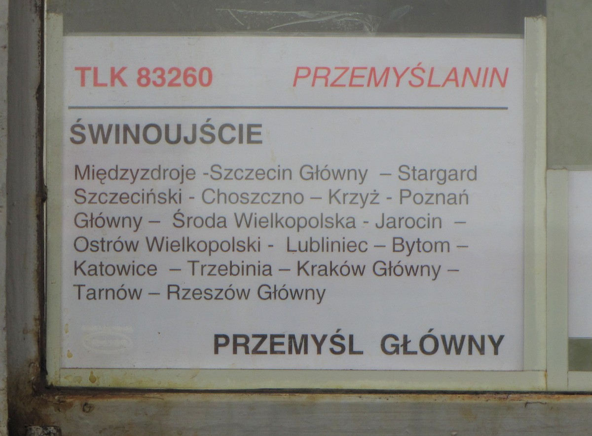 Das Zuglaufschild vom TLK 83260  Przemyślanin  von Świnoujście nach Przemyśl Gl., am 31.05.2014 in Świnoujście.