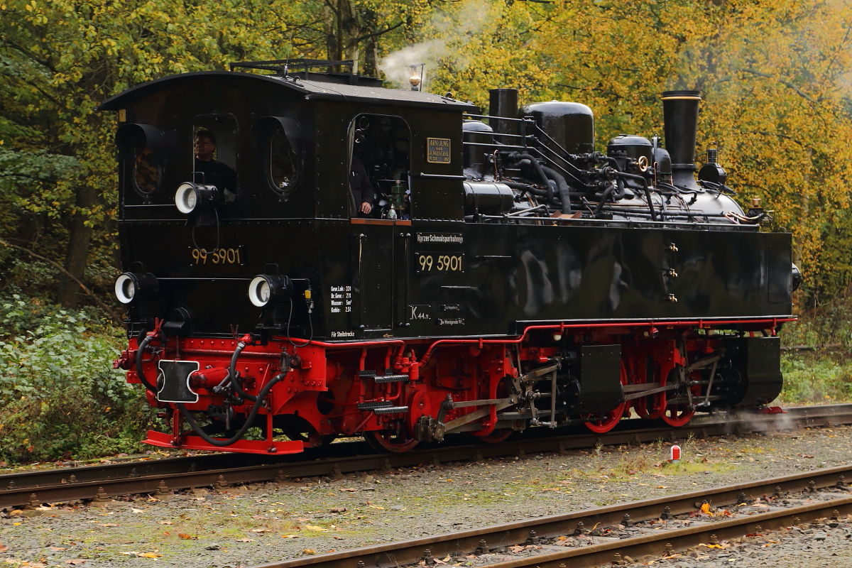 Daß sich die kurz zuvor im Bahnhof Gernrode erfolgte Putzaktion des Lokpersonals wirklich gelohnt hat, zeigt dieses Lokportrait von 99 5901, welche sich hier am 23.10.2016 bei einer Rangierfahrt im Bahnhof Alexisbad in makellosem Hochglanz präsentiert. (Aufnahme während einer Sonderzugveranstaltung der IG HSB)