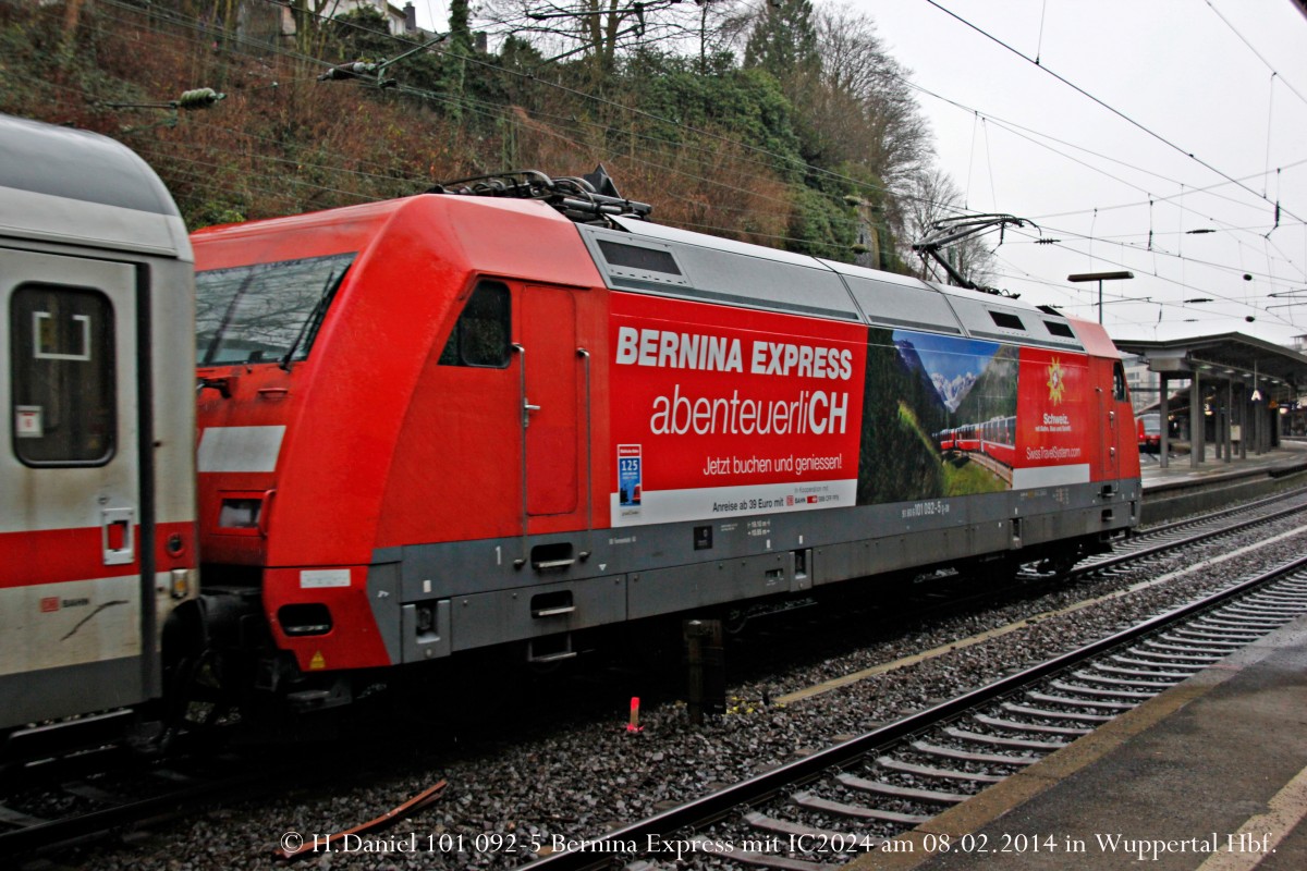 DB 101 092-5  Bernina Express  schiebt IC2024 in Wuppertal Hbf, Februar 2014.