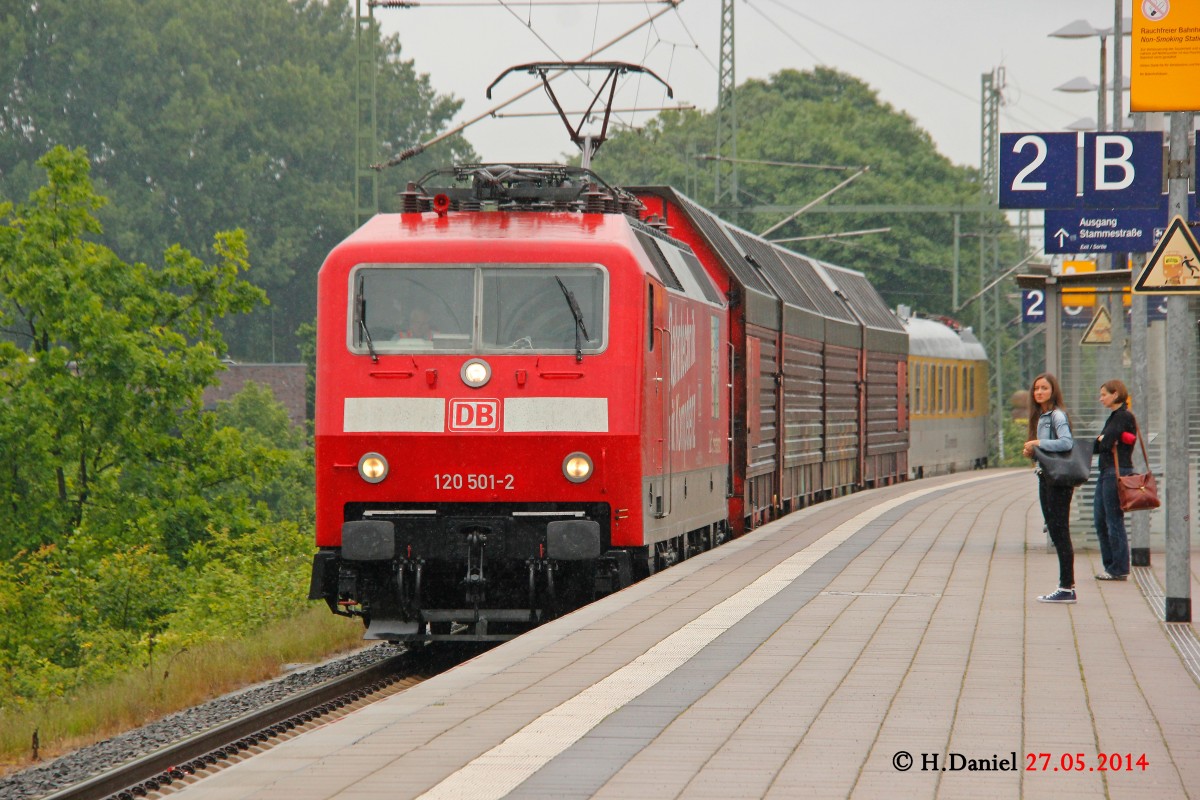 DB 120 501-2  Bahntechnik mit Kompetenz  mit Messzug in Hannover Linden Fischerhof, Mai 2014.
