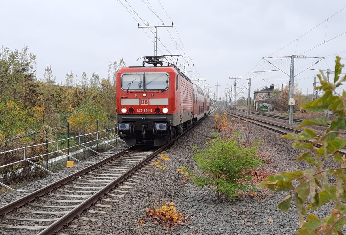 DB 143 591-6 mit der S 37791 (S3) von Schkeuditz nach Leipzig Hbf, am 05.11.2021 in Leipzig-Wahren.
