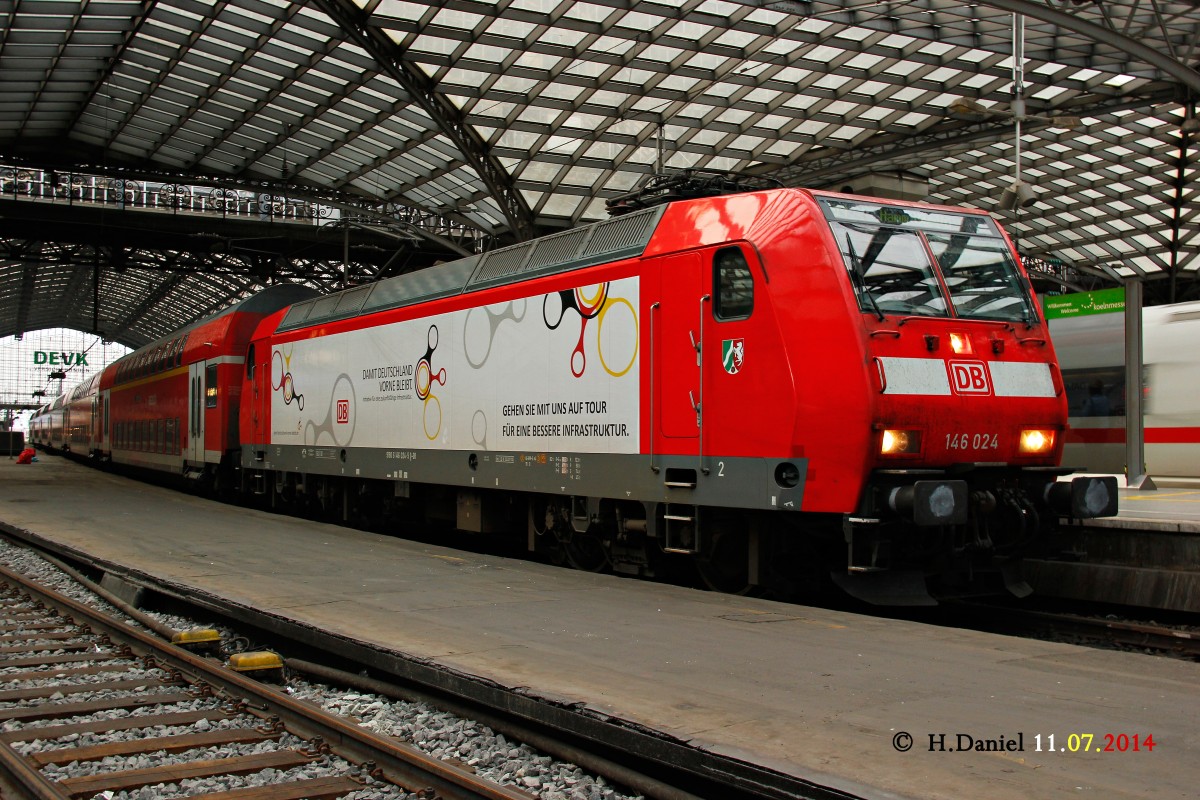 DB 146 024  Damit Deutschland vorne bleibt  mit RE5 in K�ln Hbf, Juli 2014.