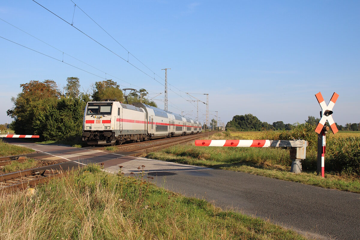 DB 146 569-9 fährt mit ihrem IC2 von Leipzig in Richtung Magdeburg und passiert hier gerade den WSSB Bahnübergang bei Güterglück. (09.09.2023)