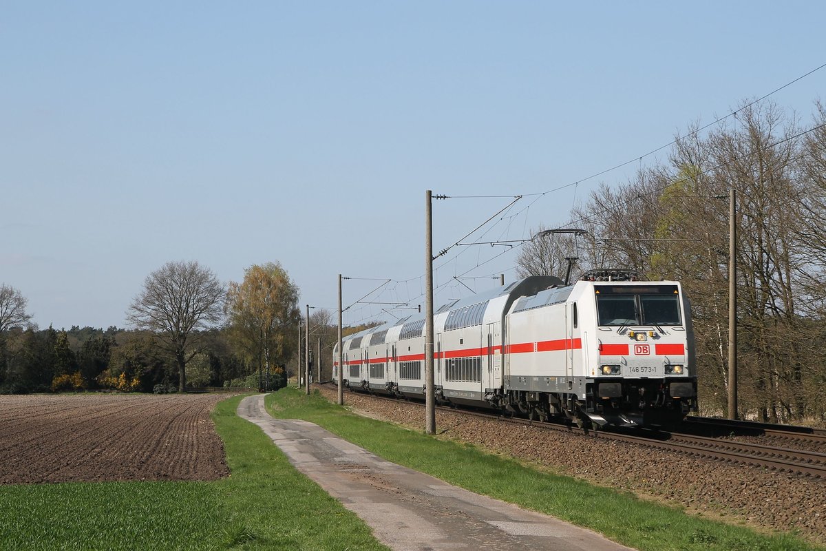 DB 146 573-1 (Baujahr: 2013)  mit IC2205 Nordeich Mole- Koblenz Hauptbahnhof bei Leschede am 20-4-2016.