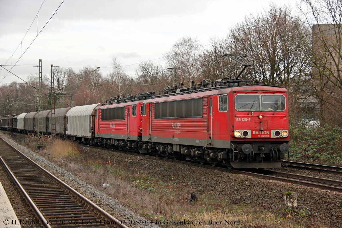 DB 155 120 Railion & DB 155 133 Railion mit G�terzug in Gelsenkirchen Buer Nord, Januar 2014.
