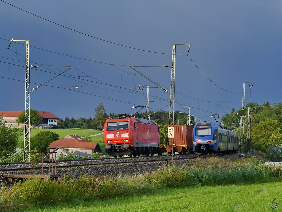 DB 185 151-8 mit einem Containerzug, ET316 von Meridian fährt in Richtung Salzburg. (bei Fuchsreut, August 2020)