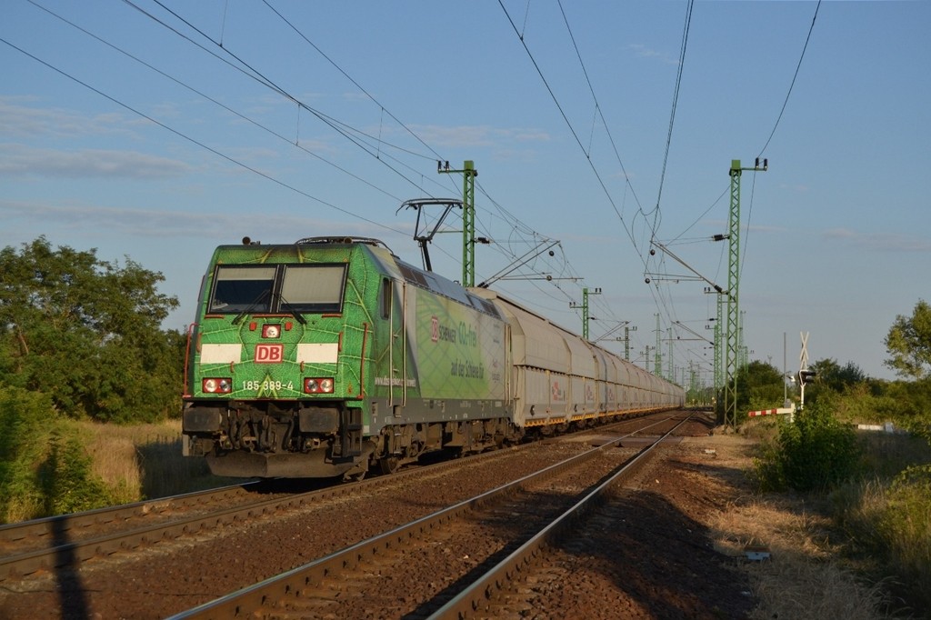 DB 185 389 mit einem Gterzug in Hegyeshalom bei der Staatsgrenze, am 12. 08. 2013. 