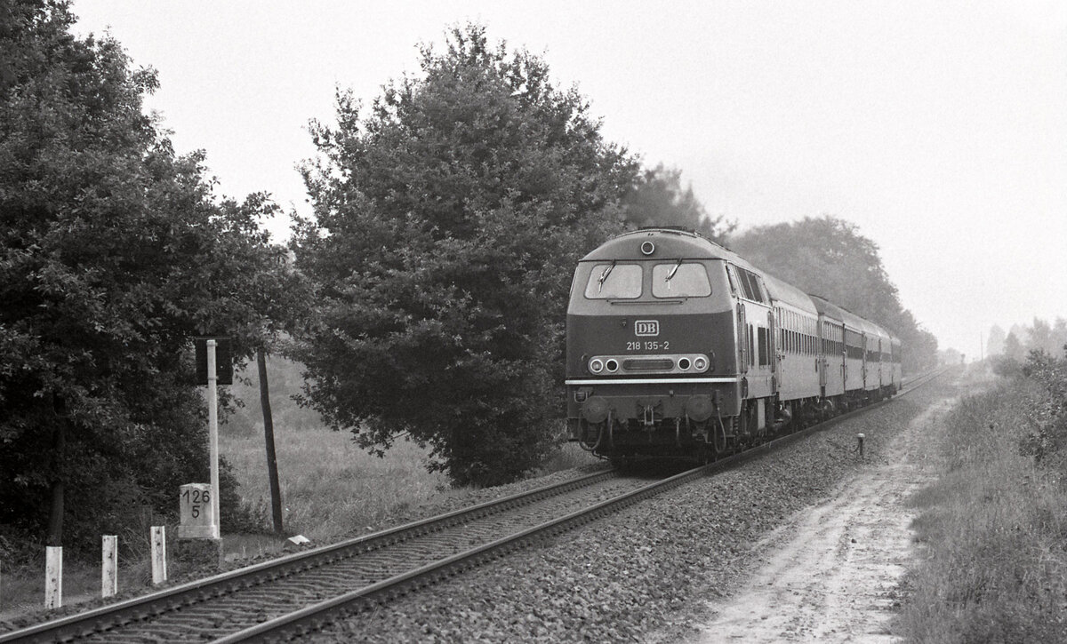 DB 218 135-2 mit D-216  Austria Express (Klagenfurt Hbf - Amsterdam CS) zwischen Nütterden und Frasselt, am 20.09.1977. Hier kann man noch gut die Trasse des ehemaligen 2.Gleises erkennen. Die Strecke Kleve - Nijmegen war früher komplett doppelgleisig. Scanbild 230.0816, Kodak Tri-X pan.